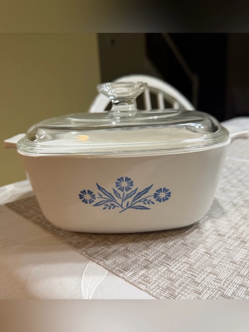 Vintage three-piece set of Corning Ware Blue Cornflower casserole dishes.